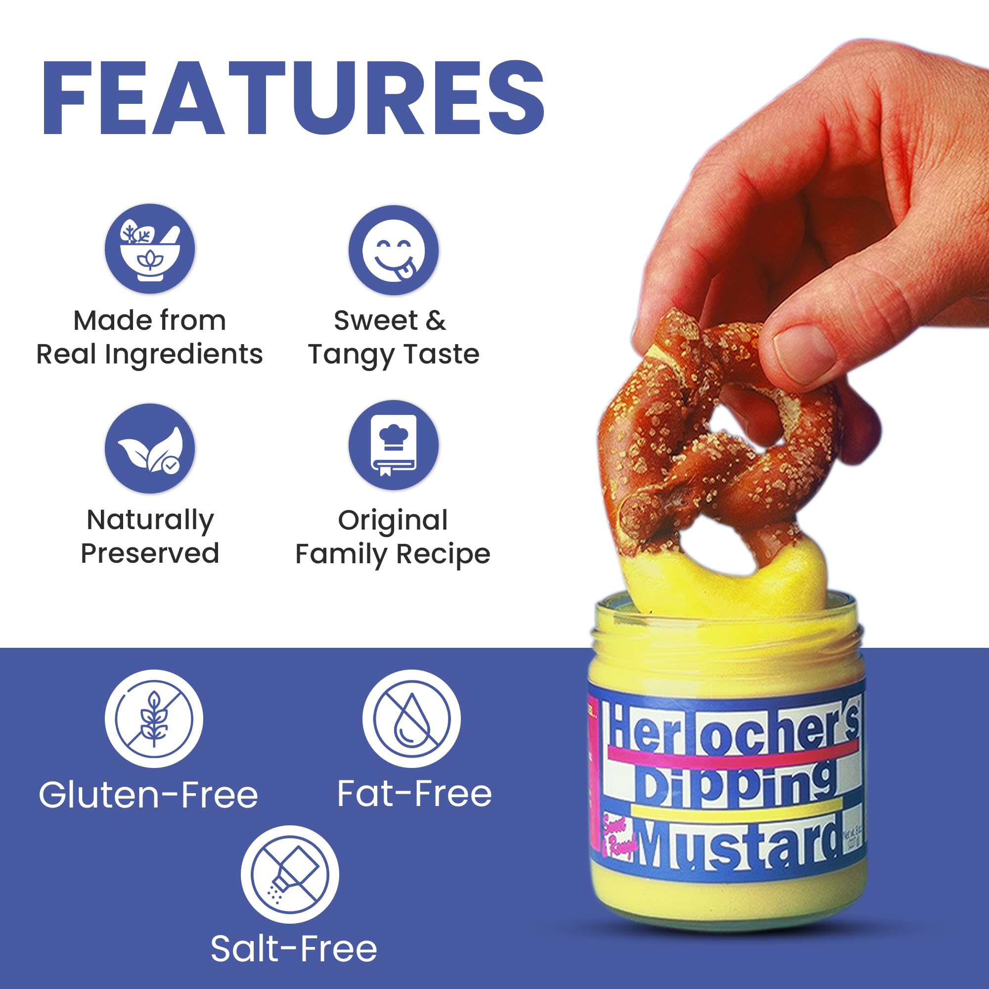 Herlocher's Dipping Mustard with pretzel dip ready for snacking