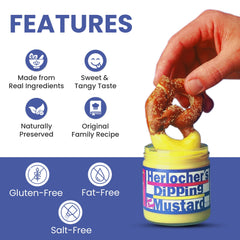 Herlocher's Dipping Mustard with pretzel dip ready for snacking