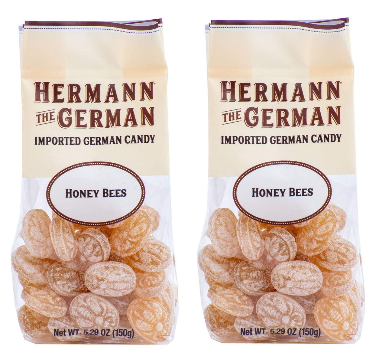 Hermann the German hard candy honey bees in a 2-pack, honey flavor ideal for snacking.