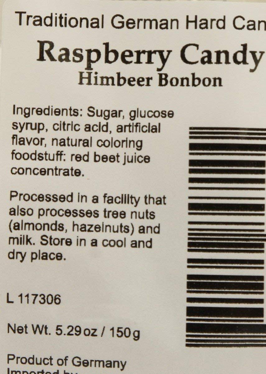 Hermann the German Raspberry hard candy back-pack shows ingredients and import appeal