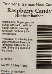 Hermann the German Raspberry hard candy back-pack shows ingredients and import appeal