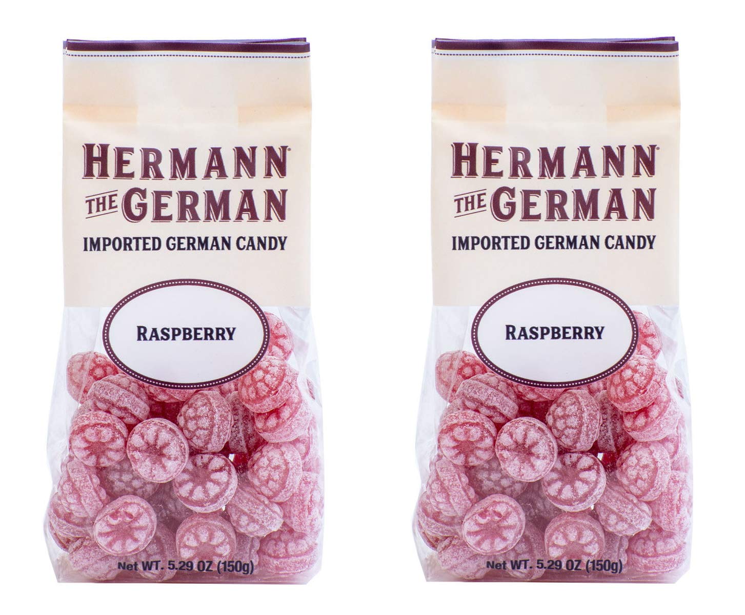 Hermann the German Raspberry hard candy front-pack with glossy finish and bold flavor