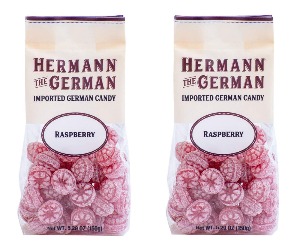 Hermann the German Raspberry hard candy front-pack with glossy finish and bold flavor
