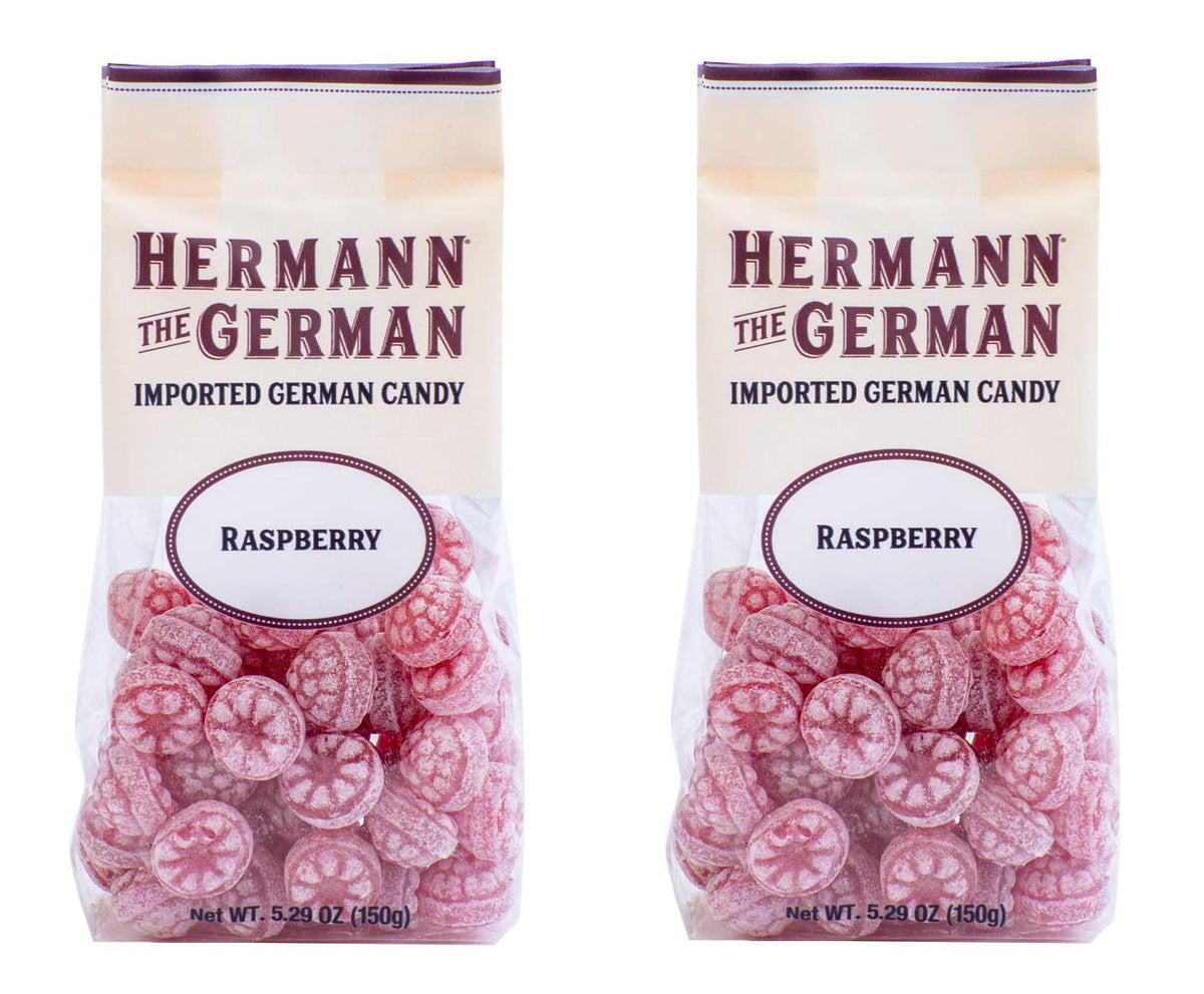 Hermann the German Raspberry hard candy front-pack with glossy finish and bold flavor