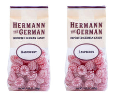 Hermann the German Raspberry hard candy front-pack with glossy finish and bold flavor