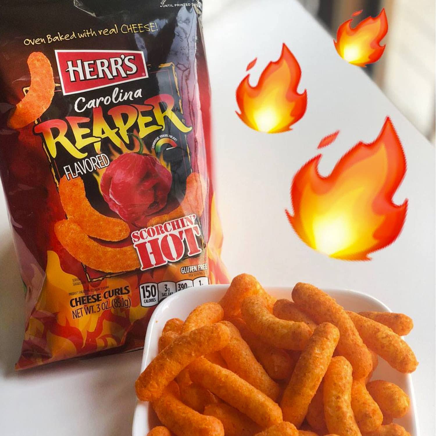 Herr’s Carolina Reaper Cheese Curls oven-baked look with real cheese.