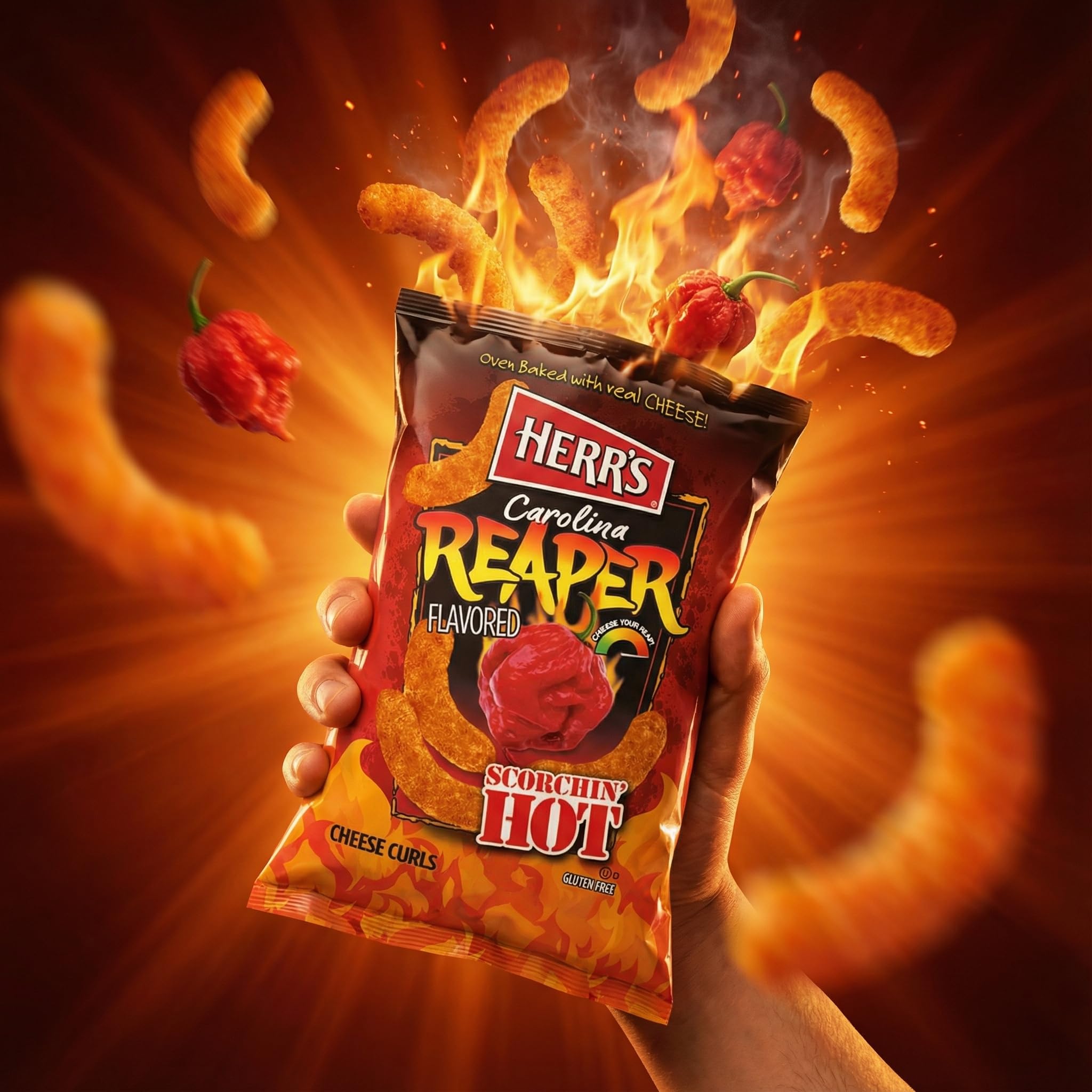 Herr’s Carolina Reaper Cheese Curls party spread idea—fiery appetizer option.