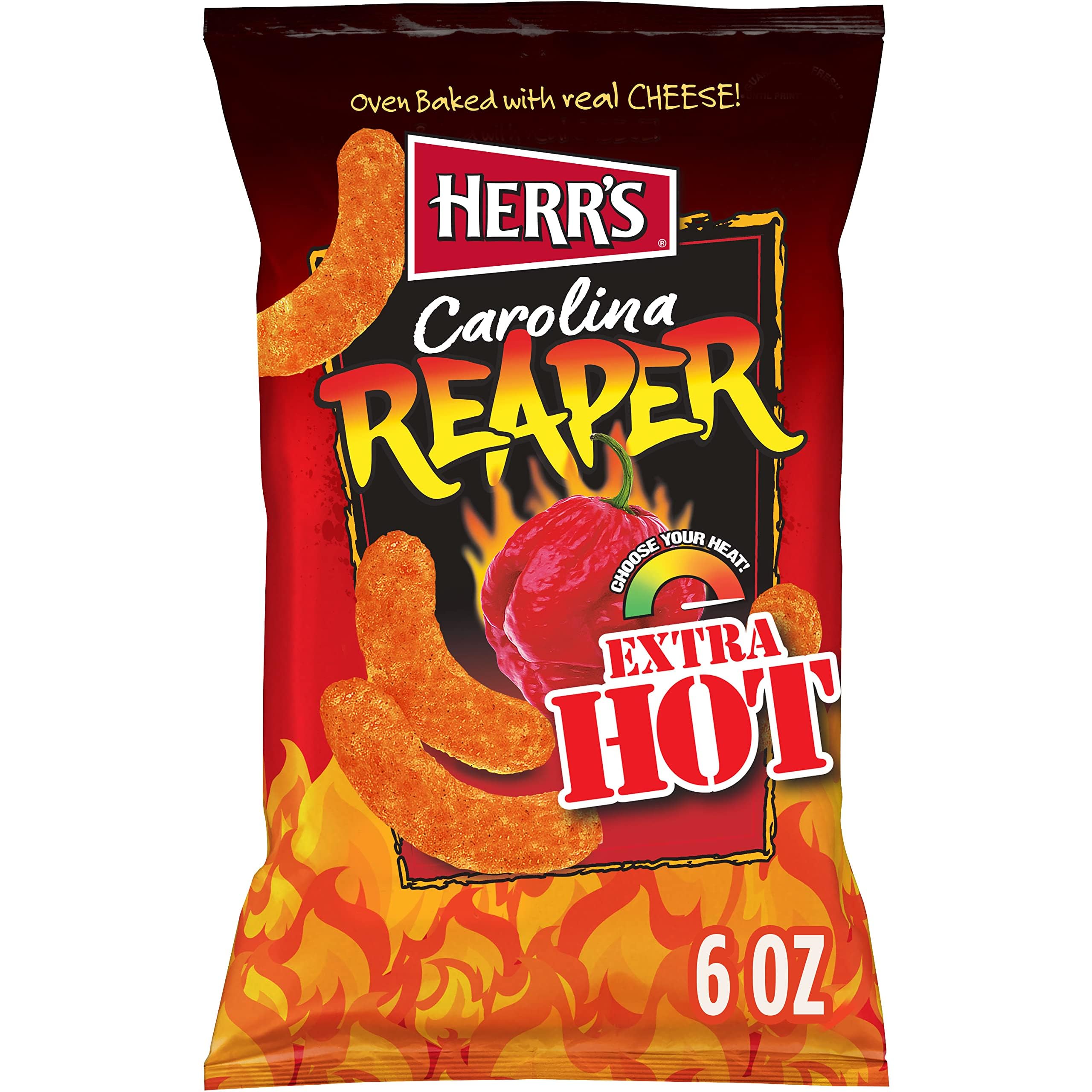 Herr’s Carolina Reaper Cheese Curls texture close-up—airy corn puffs with heat.