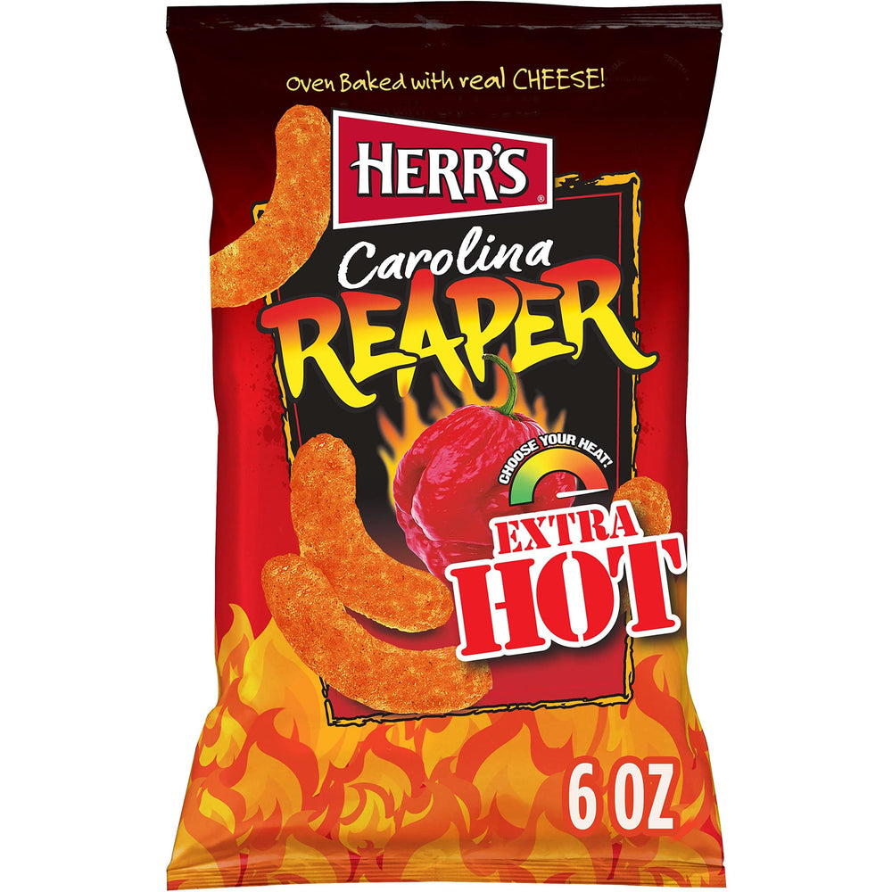 Herr’s Carolina Reaper Cheese Curls texture close-up—airy corn puffs with heat.