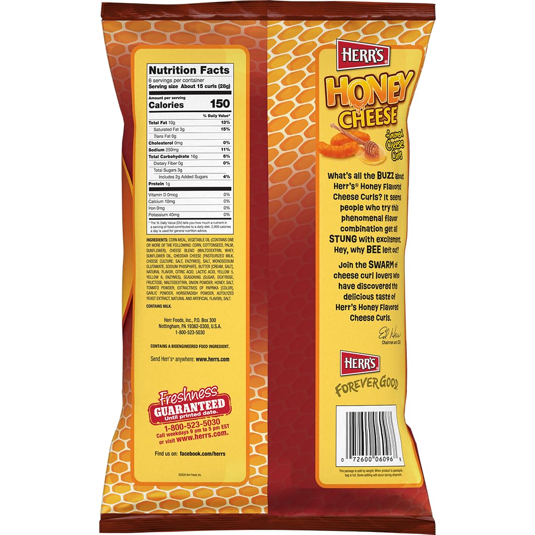 Herr's Honey Cheese Curls bag close-up highlights crunchy texture for movie night