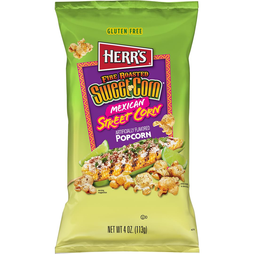 Herr's popcorn bag tilted, ideal for sharing at gatherings.