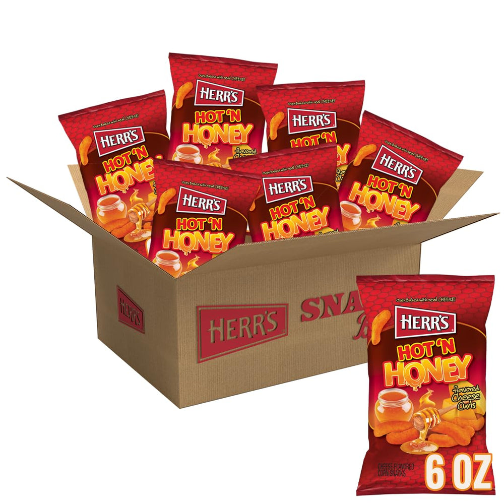 Herr's Hot & Honey Cheese Curls bag front for a crunchy lunchbox snack.