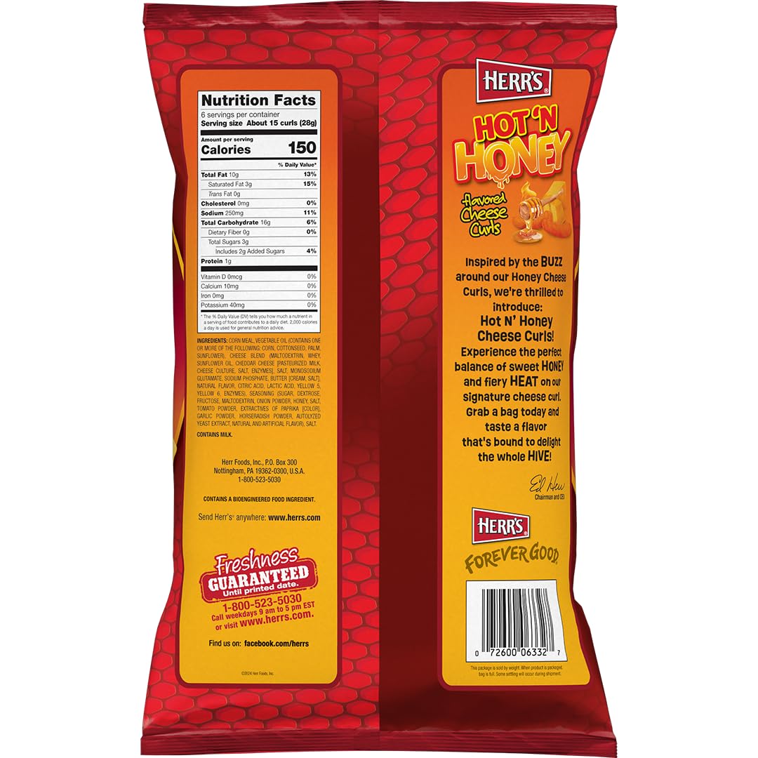 Herr's Hot & Honey Cheese Curls close-up showing rich seasoning for bold flavor.