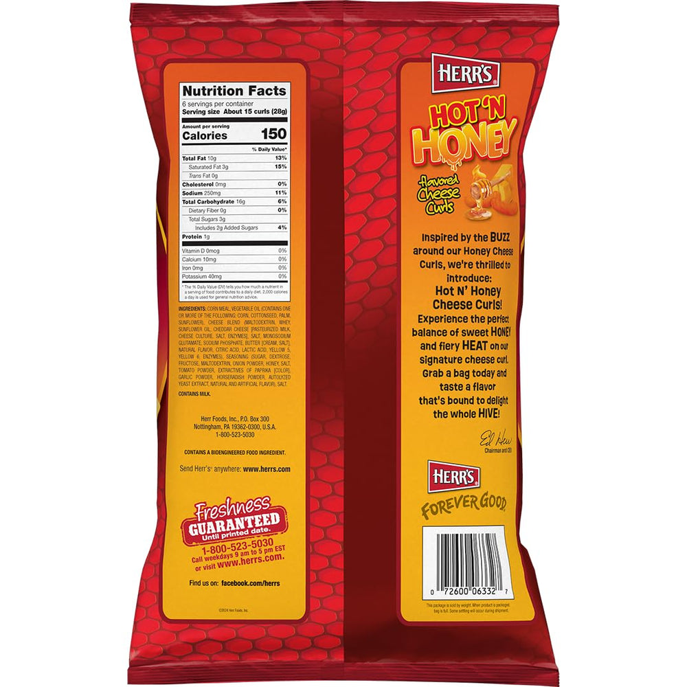 Herr's Hot & Honey Cheese Curls close-up showing rich seasoning for bold flavor.
