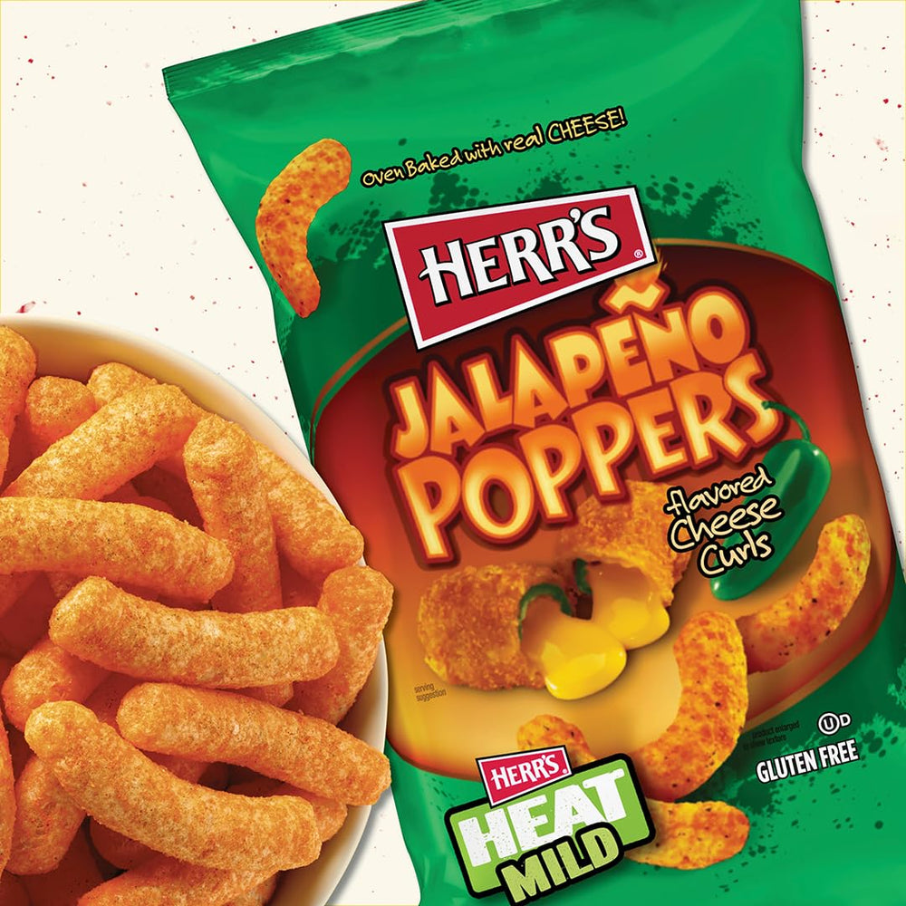 Herr's Jalapeño Poppers Cheese Curls plated for sharing