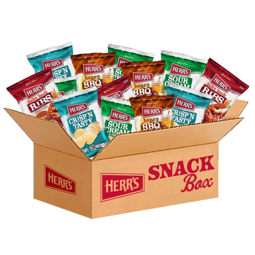 Herr's multipack chip box front view with assorted flavors for pantry and on-the-go snacking.