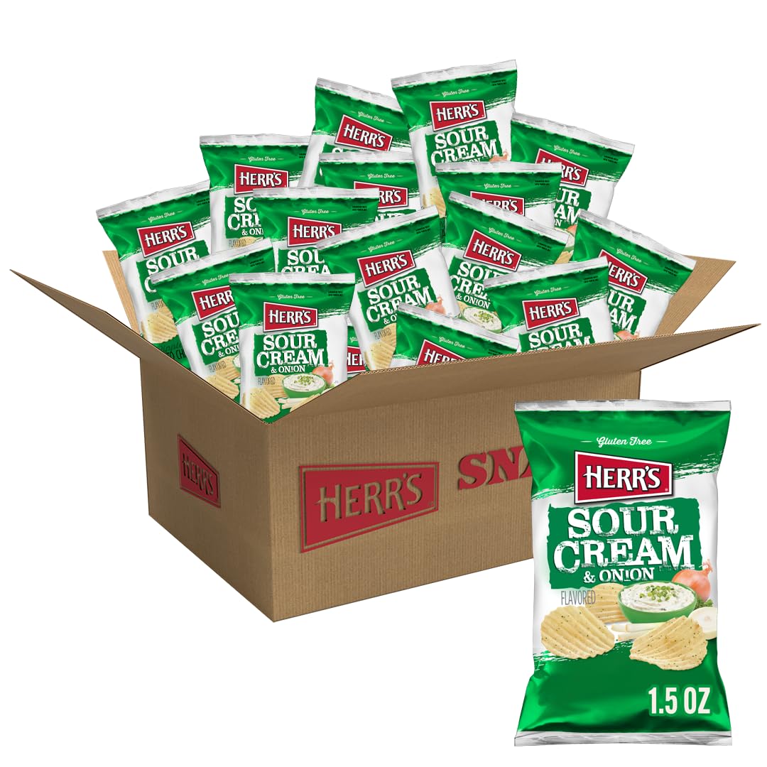 Herr's Sour Cream and Onion ripple chips in bag with bold tangy flavor