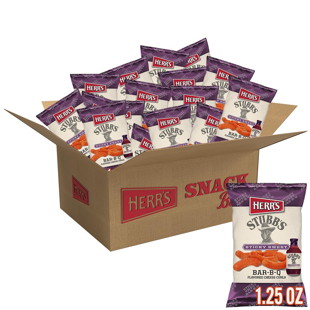Herr's Stubb's Sticky-Sweet Bar-B-Q Cheese Curls bag closeup highlights bold flavor for snacking.