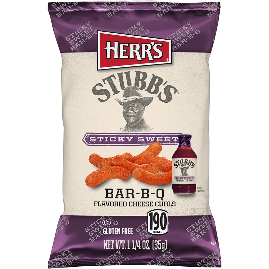 Herr's Stubb's Cheese Curls closeup shows crispy texture ideal for on-the-go snacking.