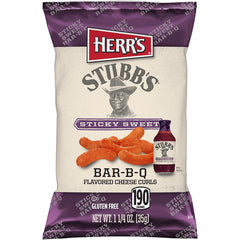Herr's Stubb's Cheese Curls closeup shows crispy texture ideal for on-the-go snacking.