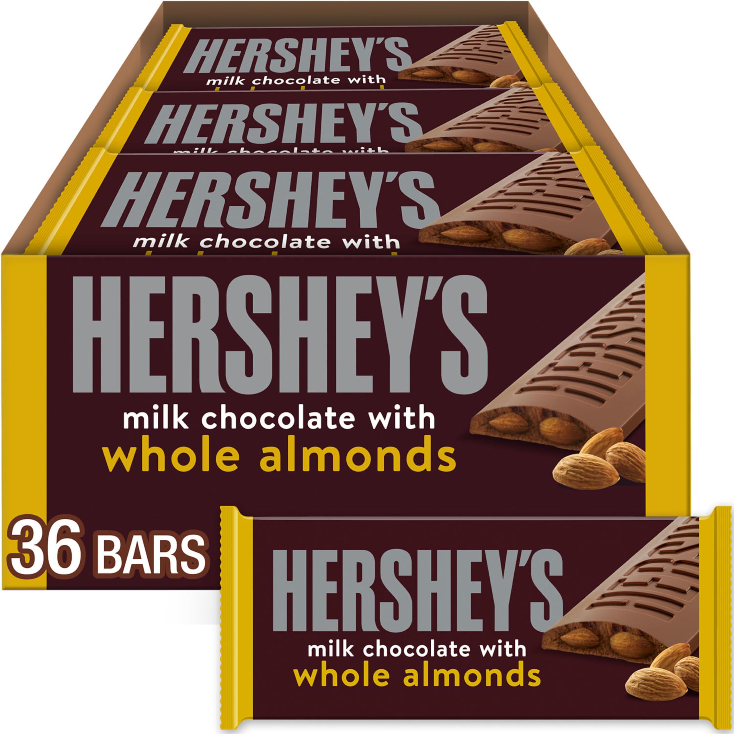 Hershey's almond bars bulk box showcasing 36 servings, ideal for sharing at events.