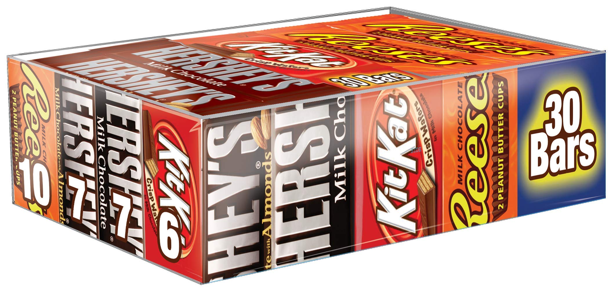 Box of Hershey's Full-Size Variety Pack with 30 assorted bars for sharing