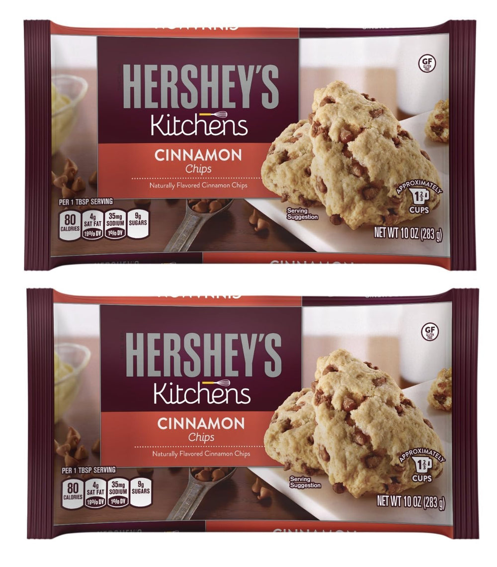 Hershey's cinnamon baking chips two-pack, front view for baking and gifting.