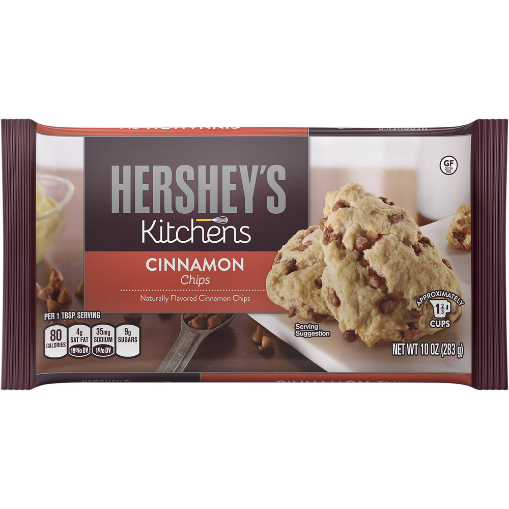 HERSHEY'S Cinnamon Chips 10 oz bag on a kitchen counter for easy baking.