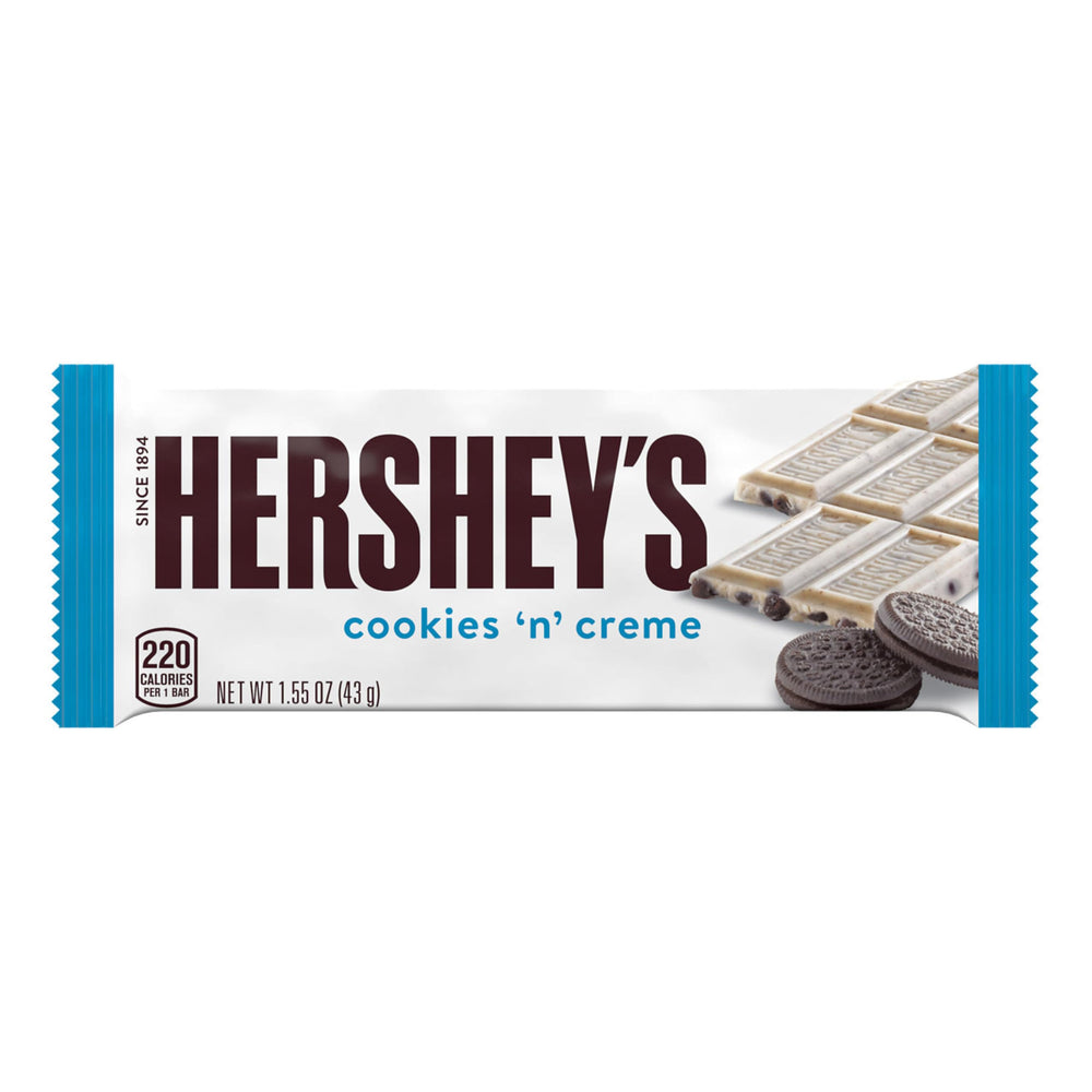 HERSHEY'S Cookies 'n' Creme bars individually wrapped for freshness during travel.