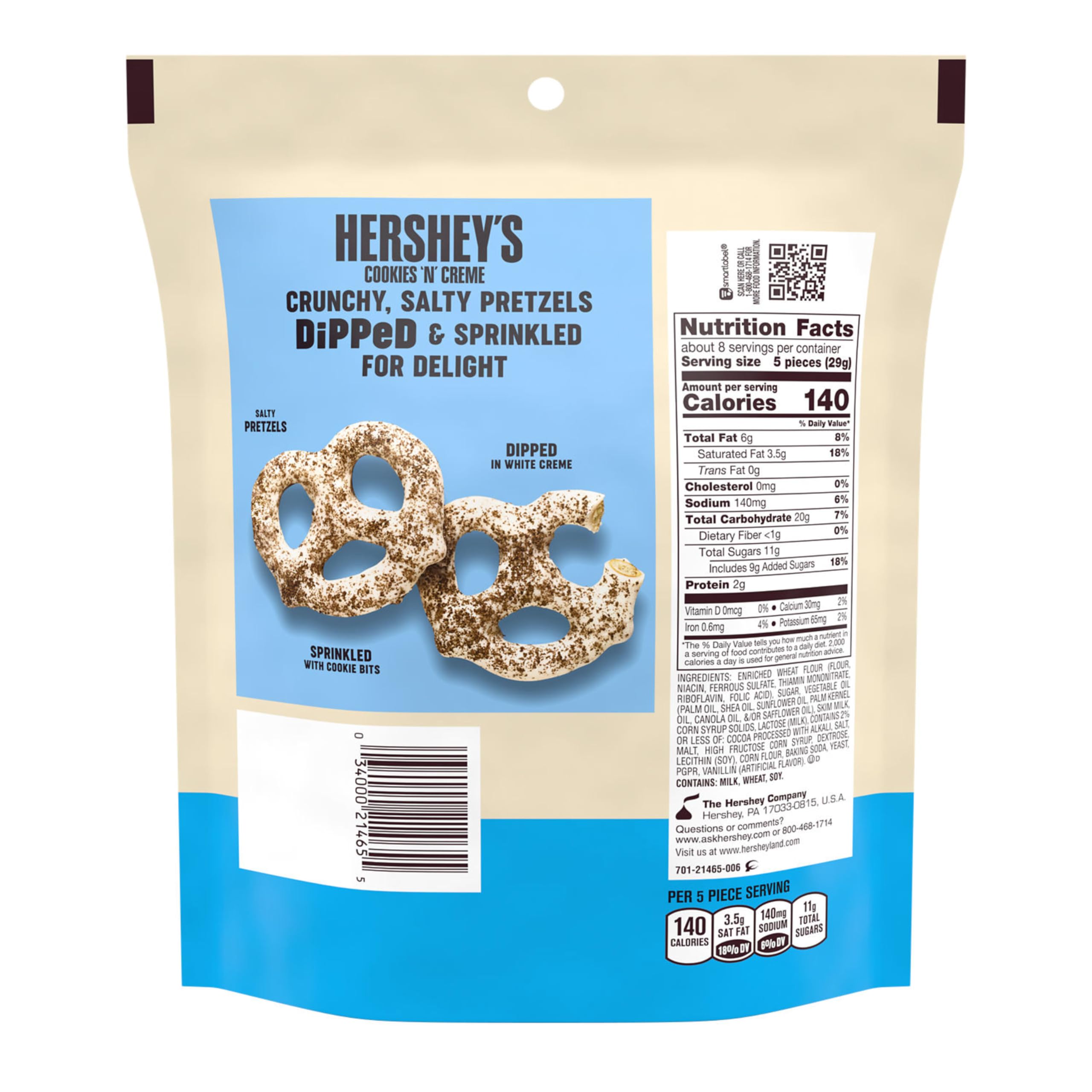 Hershey's Cookies 'n' Creme Dipped Pretzels bag open, ready for sharing at parties.