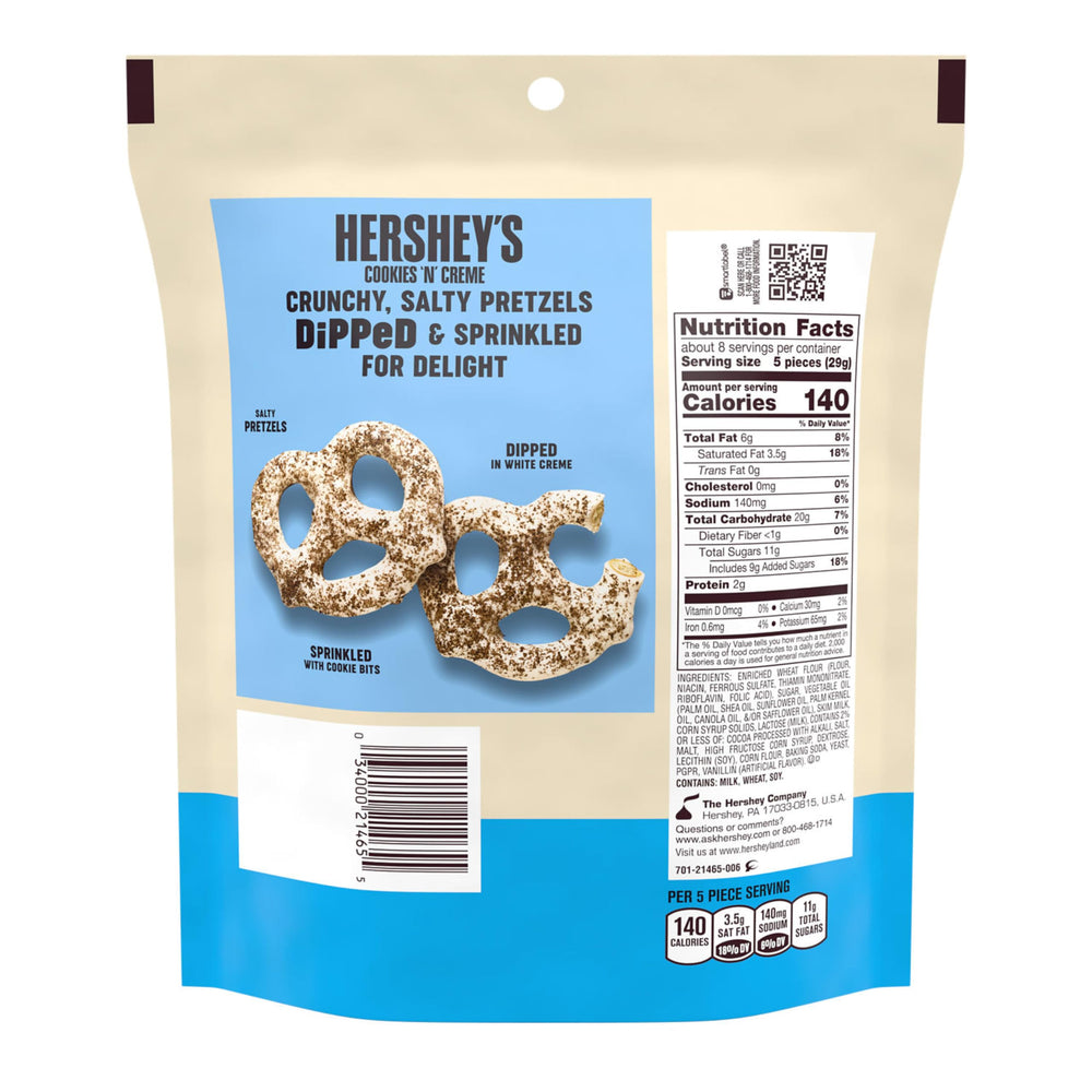 Hershey's Cookies 'n' Creme Dipped Pretzels bag open, ready for sharing at parties.