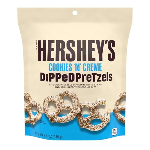 Hershey's Cookies 'n' Creme Dipped Pretzels creme dip closeup, creamy bite in each pretzel.