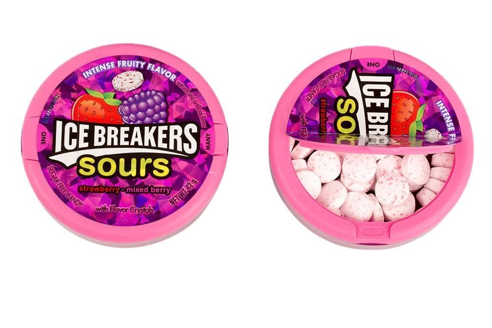 Close-up of Ice Breakers Sours fruity flavors highlighting strawberry and berry notes