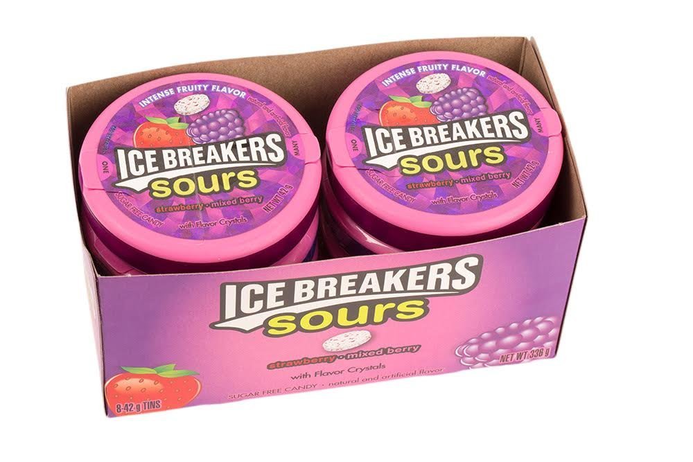 Portable eight-pack of Ice Breakers Sours ready for backpack, desk, or car for quick refreshment