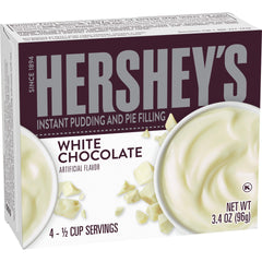 Hershey's Instant White Chocolate Pudding Mix pack-front reveals the creamy dessert option.