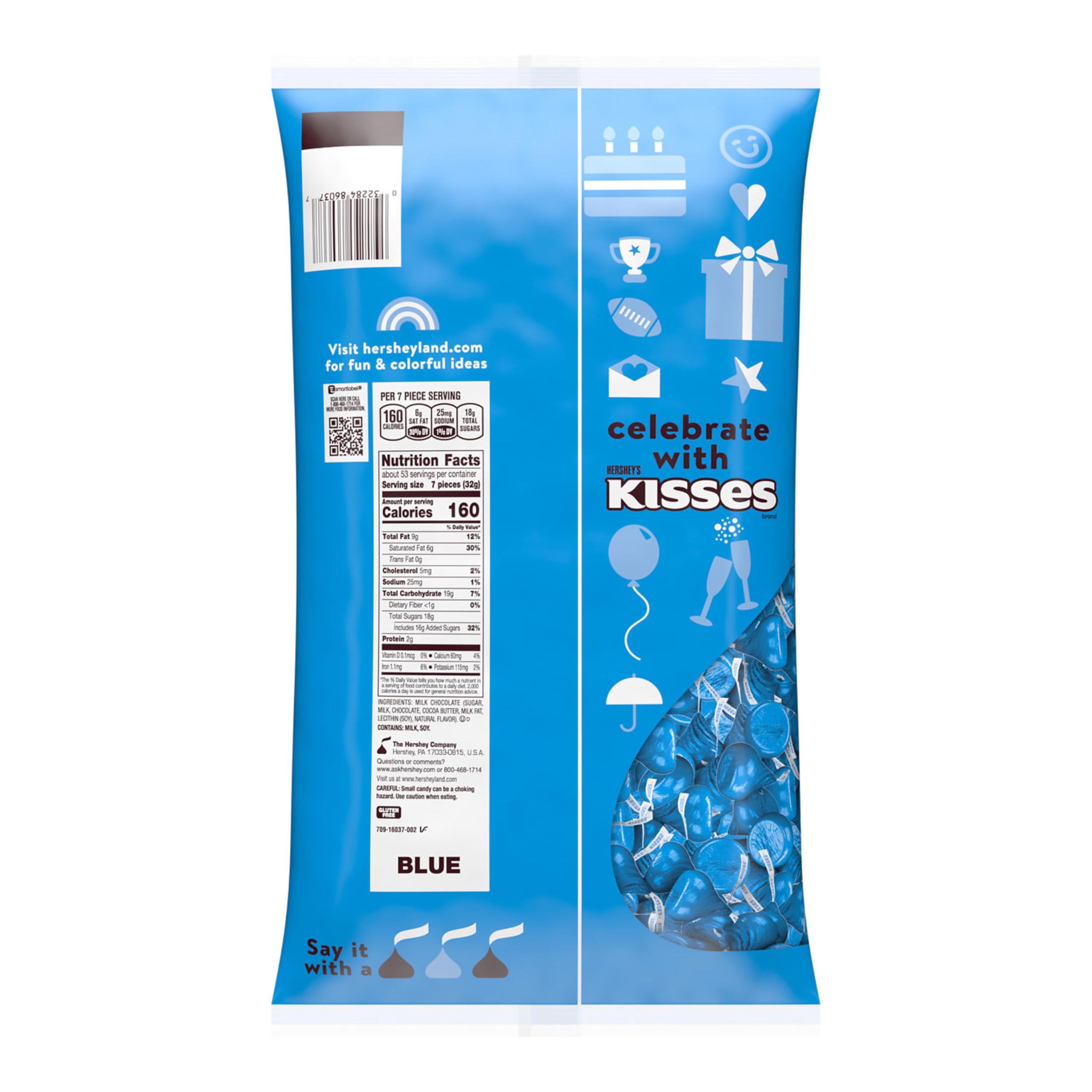 HERSHEY'S KISSES blue foil close-up showing creamy milk chocolate.