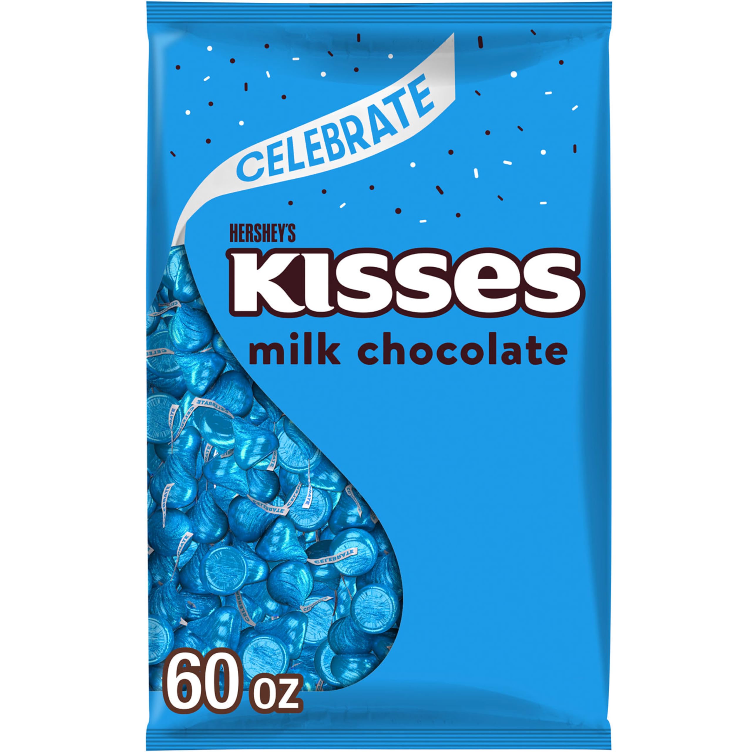 HERSHEY'S KISSES bulk bag with blue foil wrappers, ideal for party favors.