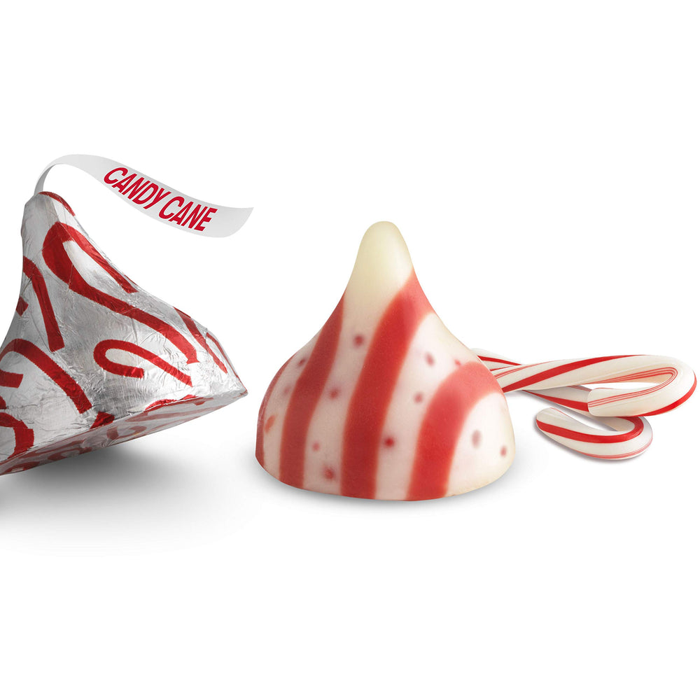 Holiday candy dish display featuring Hershey's Kisses Candy Cane Mint