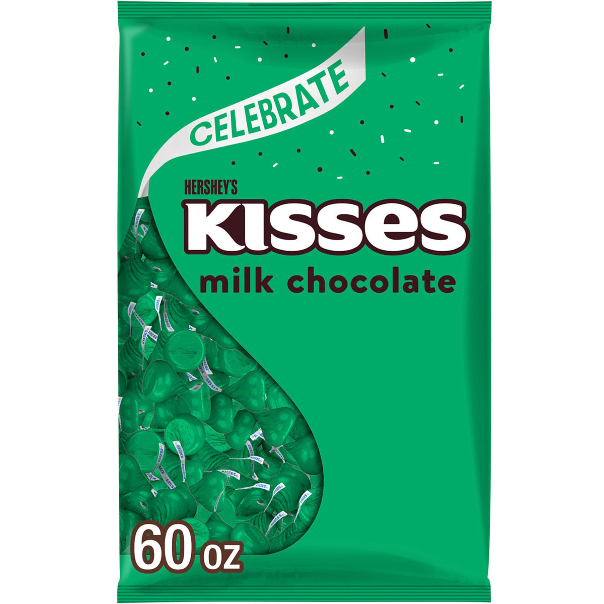 HERSHEY'S KISSES green-foil bulk bag closeup for gifting and sharing.