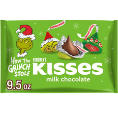 HERSHEY'S KISSES Grinch Milk Chocolate bag, perfect for stocking stuffers and festive treats.