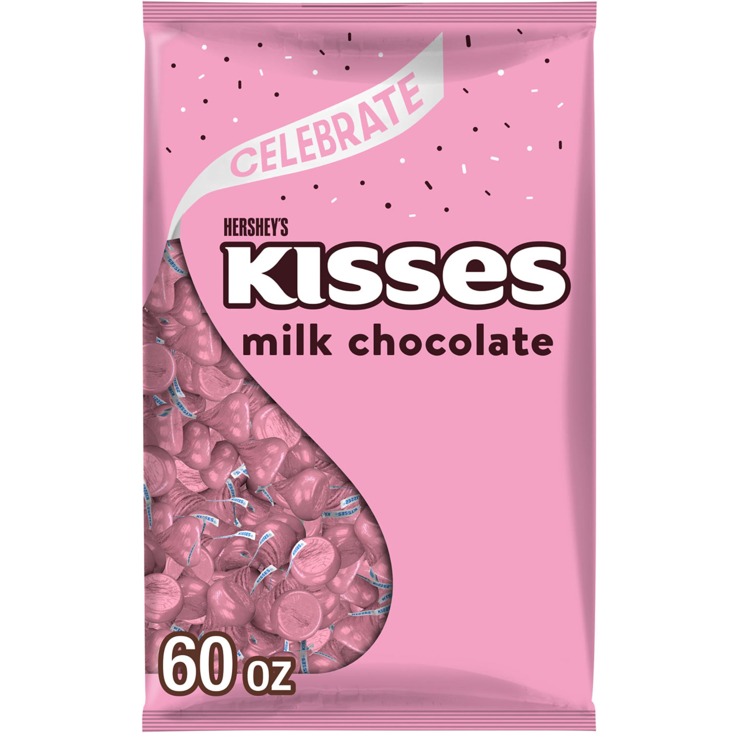Hershey's Kisses Milk Chocolate bulk bag with pink foils for gifting and display.