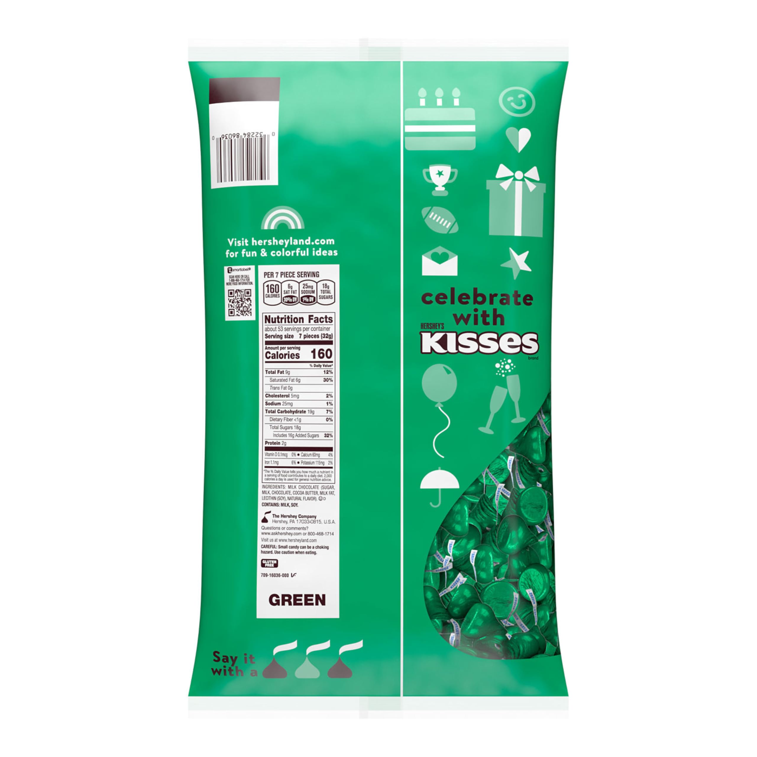 HERSHEY'S KISSES milk chocolate closeup with green foil wrap for celebrations.