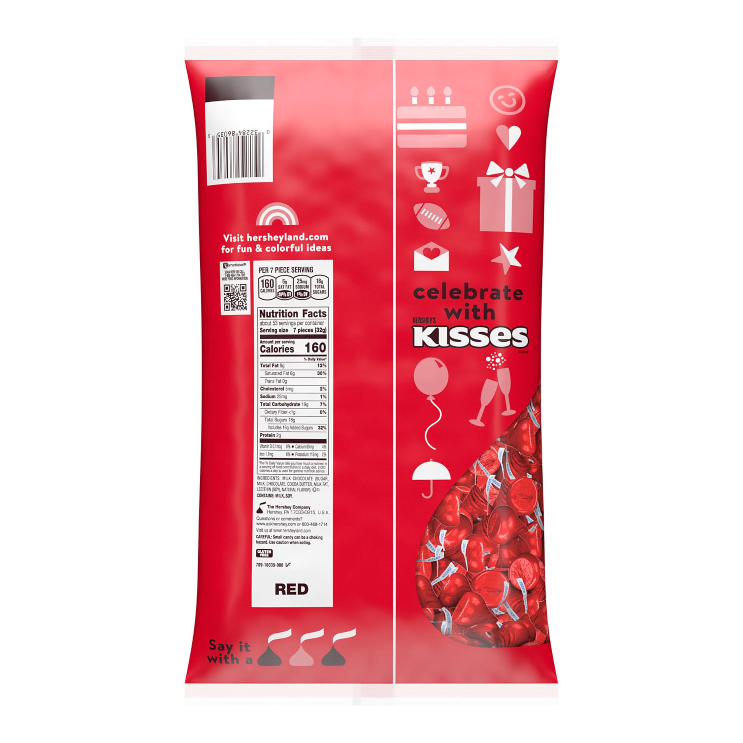 Hershey's Kisses Milk Chocolate red foil wrappers in 60-ounce pouch for gifting