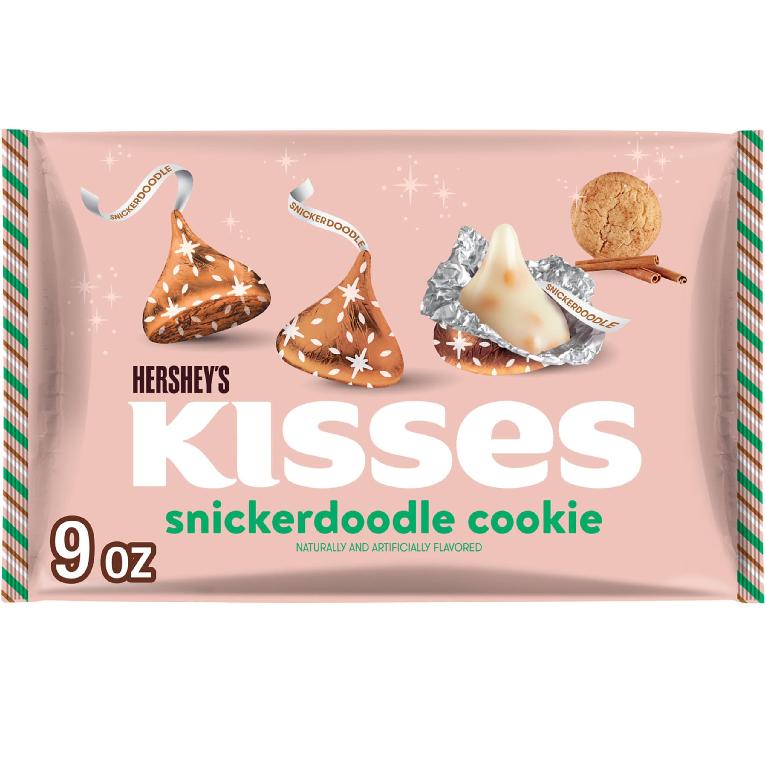 HERSHEY'S KISSES Snickerdoodle in white creme with cookie pieces, bronze foil, festive packaging for gifting