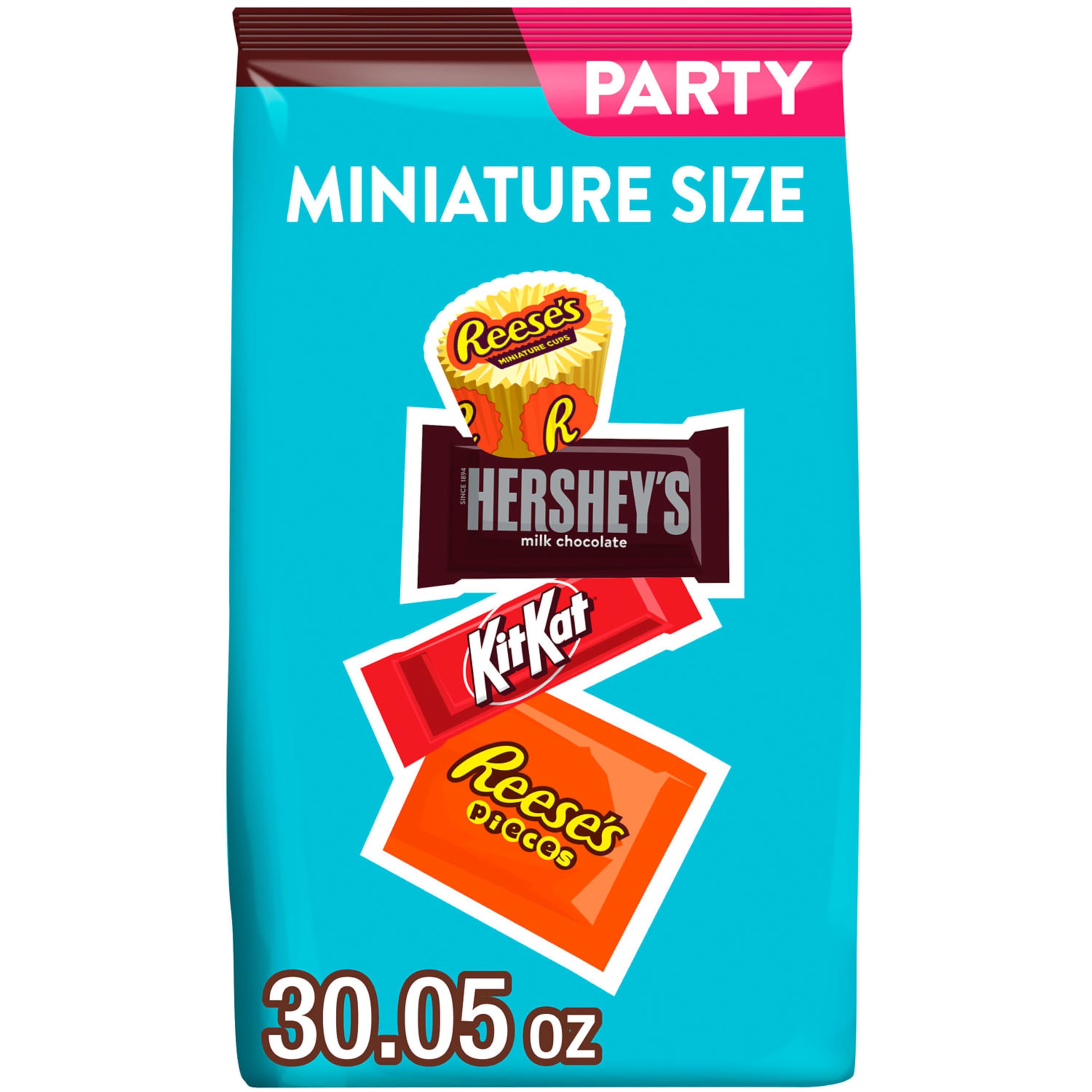 HERSHEY'S KIT KAT REESE'S assorted miniatures in an open bag for party snacking.