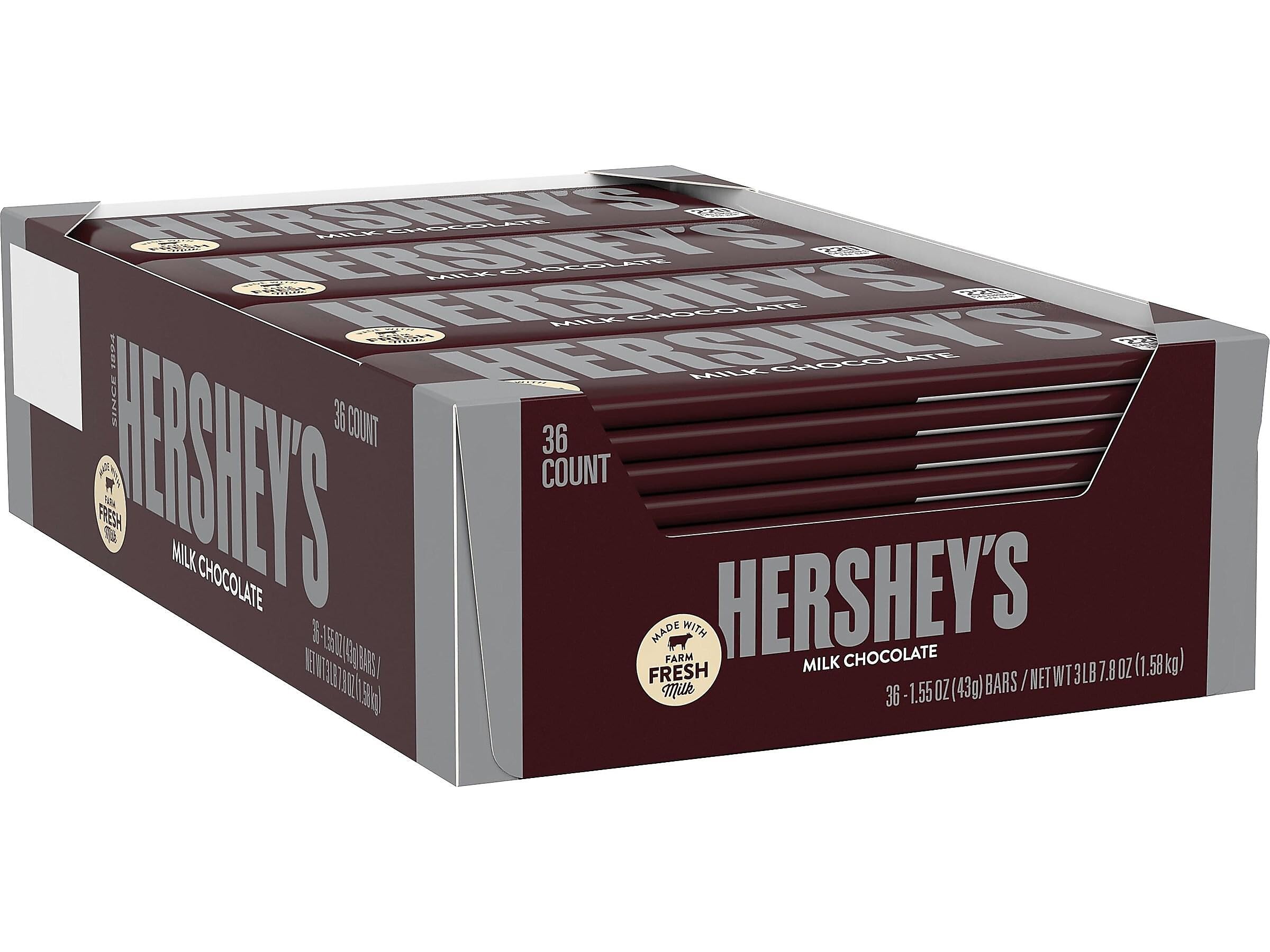 HERSHEY'S Milk Chocolate Bar 1.55 oz pack of 36 ready for snacking.