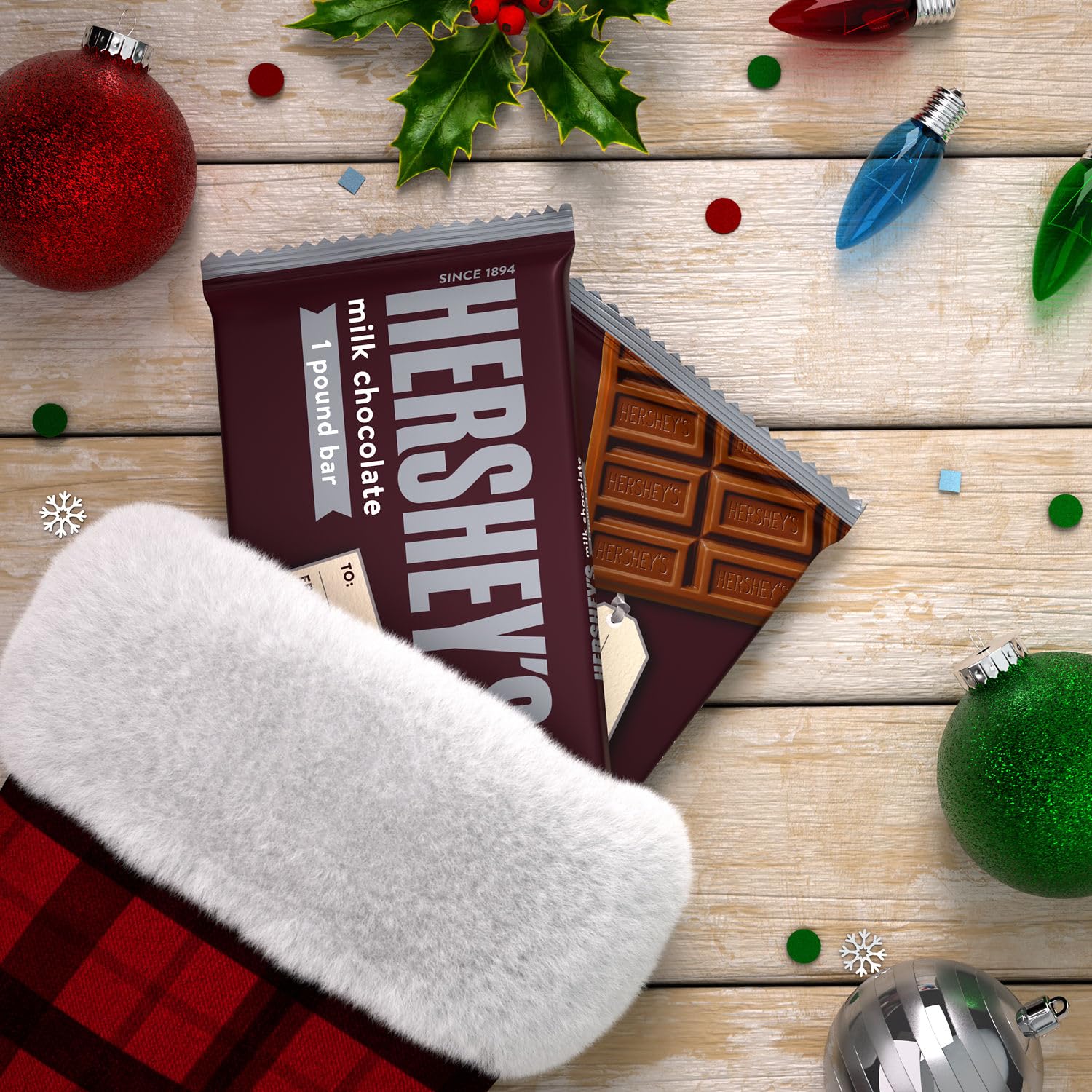 HERSHEY'S 1 lb bar on holiday display, ready to share.