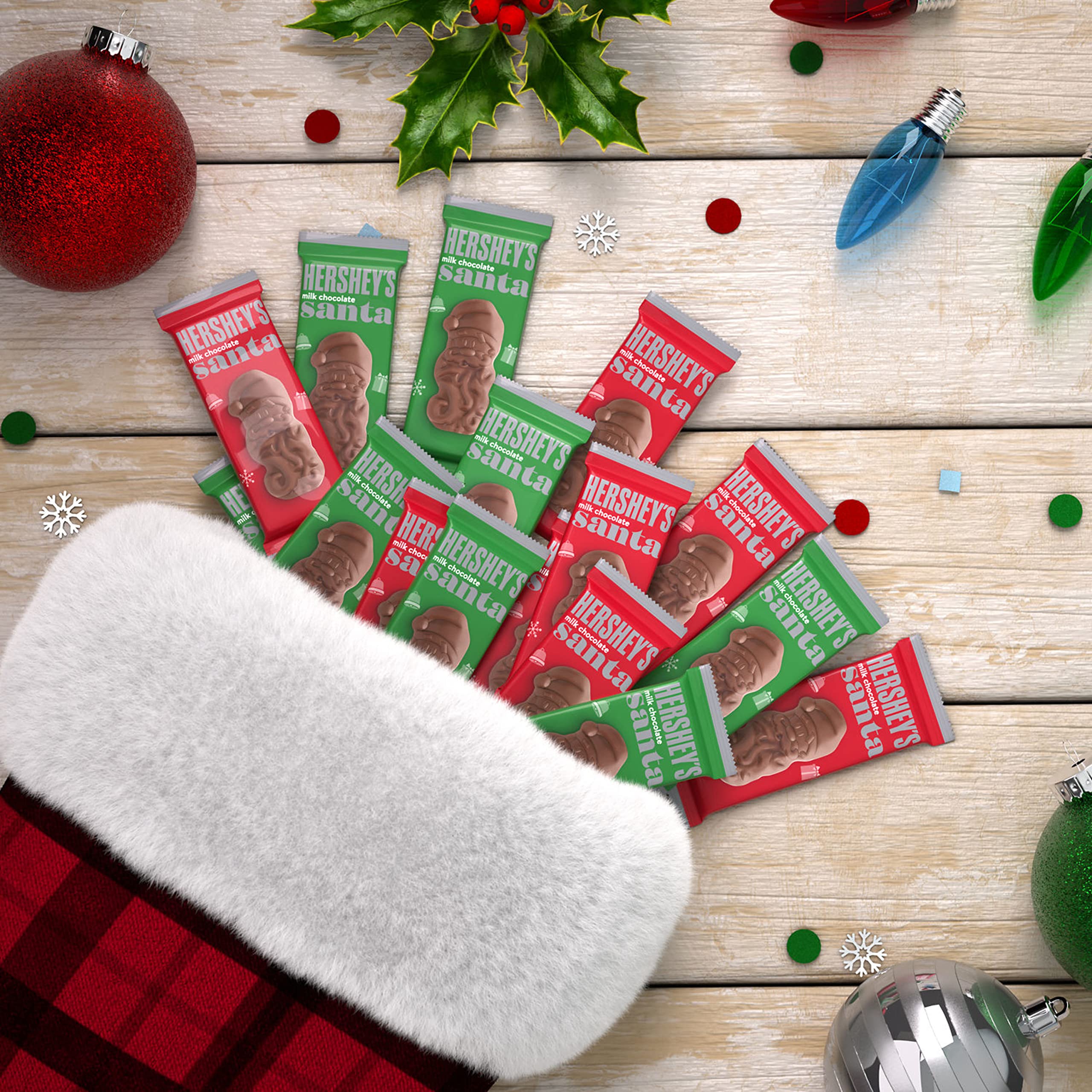 HERSHEY'S Milk Chocolate Santas stocking stuffers ready for gifts.