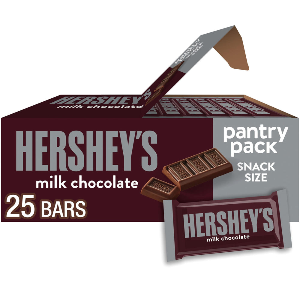 HERSHEY'S Milk Chocolate snack bars in front of pantry box for quick snacks