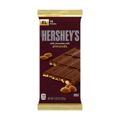 HERSHEY'S Milk Chocolate with Almonds XL bar close-up showing creamy chocolate and almonds.
